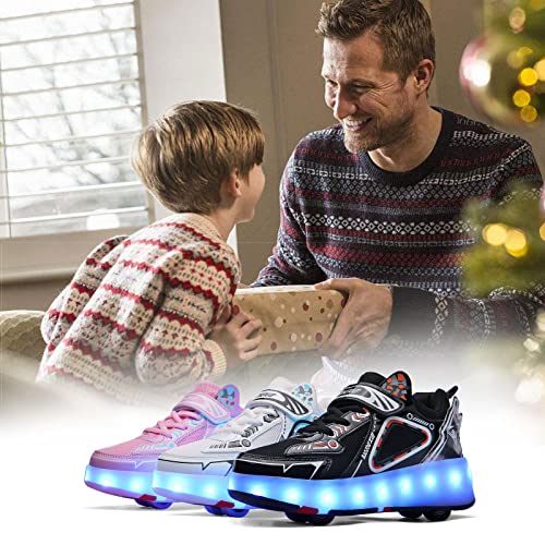 HYZBD Zapatos de Patines LED con Ruedas, Zapatillas de Deporte con Luz LED para Niñas y Niños, Zapatillas de Skate Técnicas de Cuatro Ruedas con Carga USB, Regalo de Cumpleaños,Pink-34EU