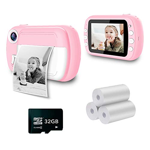 i-Paint P9 Cámara instantánea para Niños, Impresión B/N en Papel térmico, Cámara 1080P Cámara Digital FHD, LCD de 3,5", Micro SD de 32 GB, Color Rosa