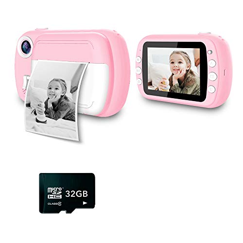 i-Paint P9 Cámara instantánea para Niños, Impresión B/N en Papel térmico, Cámara 1080P Cámara Digital FHD, LCD de 3,5", Micro SD de 32 GB, Color Rosa