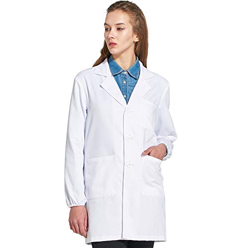 Icertag Bata de Laboratorio, médico Abrigo Abrigo de Mujer, Abrigo Blanco para Damas, Adecuado para Estudiantes de la Escuela Laboratorio de Ciencia Enfermera Cosplay Vestido de algodón (Large)