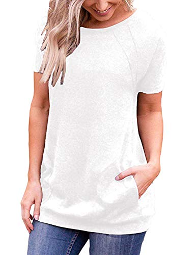 iClosam Camiseta para Mujer Verano con Cuello Redondo Túnica Loose Fit Top con Bolsillos Laterales S-XXL (Blanco, S)