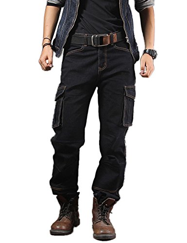 Idopy Ropa de Trabajo de Motocicleta Casual Multi Bolsillos Jeans Denim Biker Cargo Negro 36