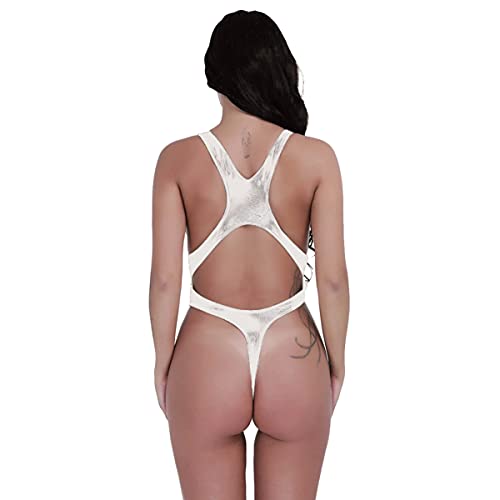 IEFIEL Bodies Trajes de Baño de Una Pieza con Corte Alto de Charol Bañadores para Mujer Plateado Talla Única