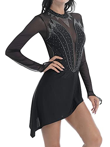 IEFIEL Vestido Manga Larga de Danza Ballet para Mujer Vestido Encaje de Gimnasia Ritmica Maillot Cuello Redondo de Patinaje Artistico S Negro M