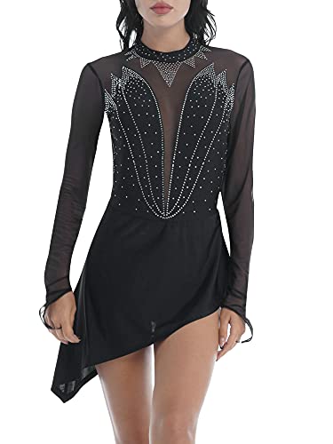 IEFIEL Vestido Manga Larga de Danza Ballet para Mujer Vestido Encaje de Gimnasia Ritmica Maillot Cuello Redondo de Patinaje Artistico S Negro M