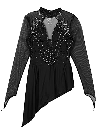 IEFIEL Vestido Manga Larga de Danza Ballet para Mujer Vestido Encaje de Gimnasia Ritmica Maillot Cuello Redondo de Patinaje Artistico S Negro M