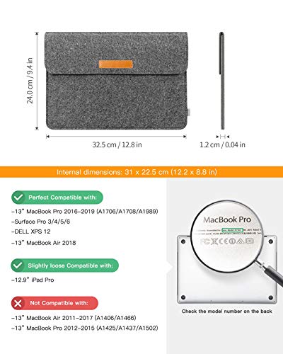 Inateck Funda Blanda en Fieltro Compatible con 13 MacBook Air 2020 M1-2018, 13 MacBook Pro 2020 M1-2016, Surface Pro X/7/6/5/4/3/, XPS13, 12.9 iPad Pro, Gris Oscuro