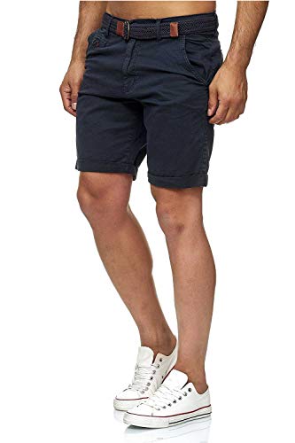 Indicode Conor - Pantalones cortos chinos para hombre, con cinturón, 100% algodón, bermudas de corte regular azul marino L