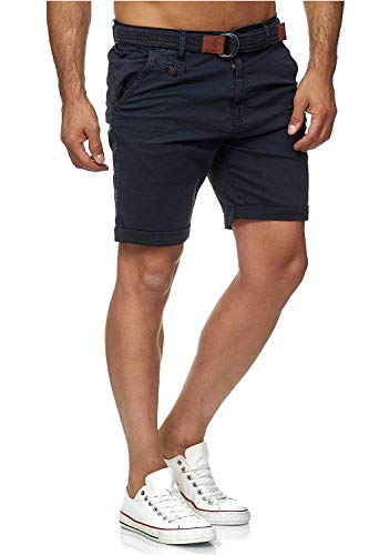 Indicode Conor - Pantalones cortos chinos para hombre, con cinturón, 100% algodón, bermudas de corte regular azul marino L