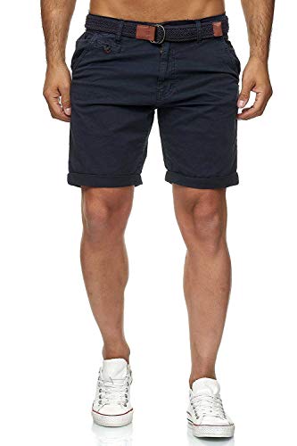 Indicode Conor - Pantalones cortos chinos para hombre, con cinturón, 100% algodón, bermudas de corte regular azul marino L