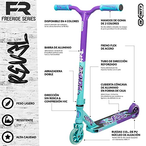 Infinity Scooters Patinete Freestyle para Adultos y Niños a Partir de 8 años- Patinete de Trucos y Saltos con Rodamientos ABEC-9 Ruedas 110mm de PU con Barra 360 Grados (Revel Turquesa)