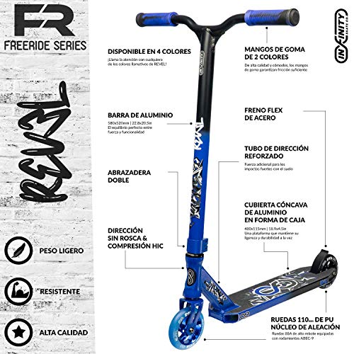 Infinity Scooters Patinete Freestyle para Adultos y Niños a Partir de 8 años- Patinete de Trucos y Saltos con Rodamientos ABEC-9 Ruedas 110mm de PU con Barra 360 Grados (Revel Azul)