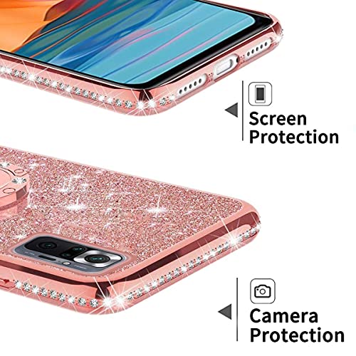 Ingen Funda Compatible con Xiaomi Redmi Note 10 Pro/10 Pro MAX 6.67", Funda Bling Glitter Silicona TPU Ultra Fina Suave Carcasa con Anillo Kickstand de 360 y Cordon, Oro Rosa