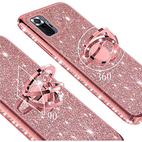 Ingen Funda Compatible con Xiaomi Redmi Note 10 Pro/10 Pro MAX 6.67", Funda Bling Glitter Silicona TPU Ultra Fina Suave Carcasa con Anillo Kickstand de 360 y Cordon, Oro Rosa