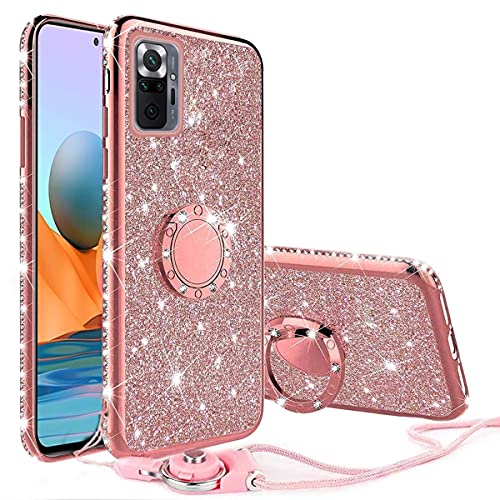 Ingen Funda Compatible con Xiaomi Redmi Note 10 Pro/10 Pro MAX 6.67", Funda Bling Glitter Silicona TPU Ultra Fina Suave Carcasa con Anillo Kickstand de 360 y Cordon, Oro Rosa