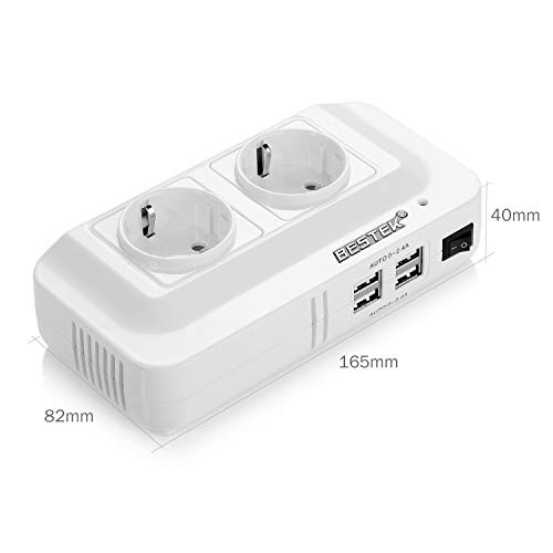 Inversor de Corriente 200W 12V a 220V BESTEK Transformador Convertidor Portátil para Viaje con 4 Salidas USB, 2 AC Tomas (con Mechero de Coche), Convertidor Onda Modificada con Protección, Blanco