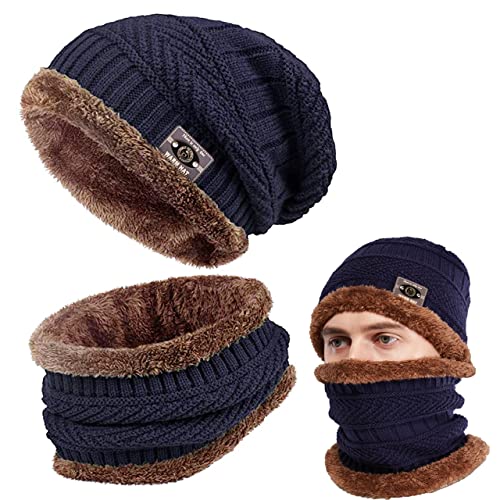 Invierno Beanie Gorro de Punto Sombrero y Cuello Bufanda Gruesa y Suave Forrado Conjunto de 2 Piezas para Hombres Mujeres