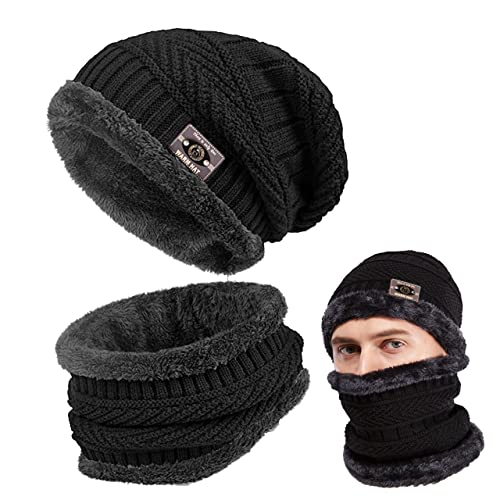 Invierno Beanie Gorro de Punto Sombrero y Cuello Bufanda Gruesa y Suave Forrado Conjunto de 2 Piezas para Hombres Mujeres