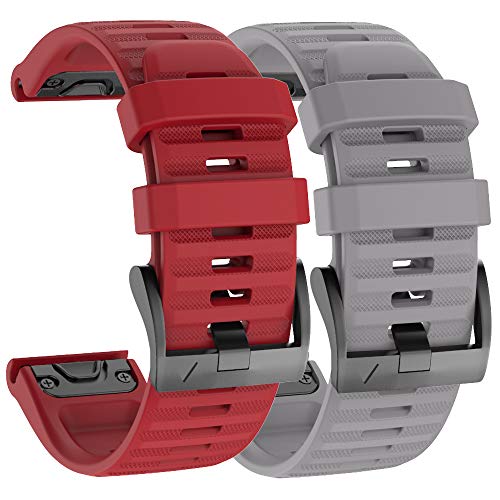 ISABAKE Correa de Reloj para Garmin Fenix 6X / 6X Pro, Fenix 5X / 5X Plus, Accesorios Fenix 3/3 HR, Banda QuickFit de 26 mm de Ancho (Gris/Rojo)