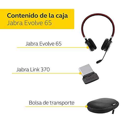 Jabra Evolve 65 Auriculares Inalámbricos Estéreo Certificados por Microsoft con Batería de Larga Duración, Adaptador Bluetooth USB, Negro