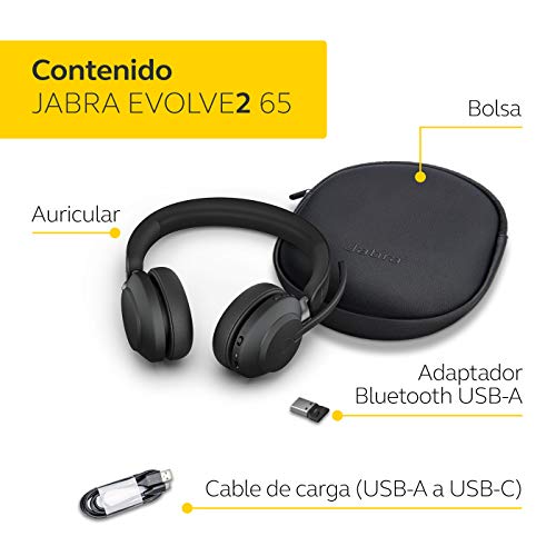 Jabra Evolve2 65 Auriculares Inalámbricos Estéreo con Cancelación de Ruido - Certificados para plataformas UC - Batería de Larga Duración - Adaptador Bluetooth USB-A - Negro