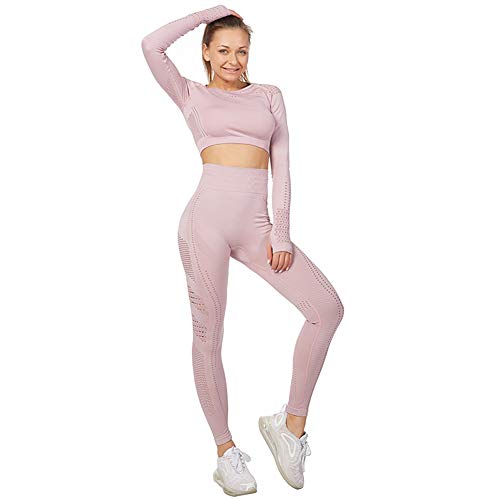 Jamron Mujer Conjunto de Ropa de Yoga Top Corto + Polainas 2 Piezas Chandal Gimnasio Fitness Ropa Deportiva Rosa de Loto SN05405 M