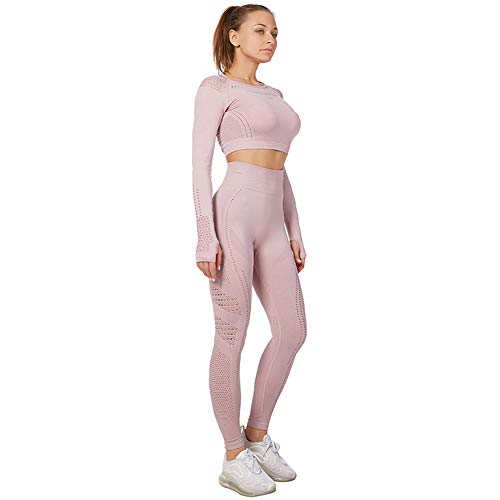 Jamron Mujer Conjunto de Ropa de Yoga Top Corto + Polainas 2 Piezas Chandal Gimnasio Fitness Ropa Deportiva Rosa de Loto SN05405 M