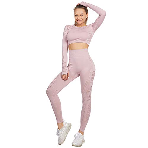 Jamron Mujer Conjunto de Ropa de Yoga Top Corto + Polainas 2 Piezas Chandal Gimnasio Fitness Ropa Deportiva Rosa de Loto SN05405 M