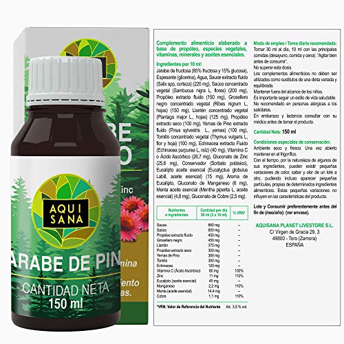 Jarabe de Pino Natural 150 ml| Jarabe Natural para la Tos|Jarabe con Equinacea + Propóleo +Vitaminas|Ayuda a reducir la Tos| Aquisana