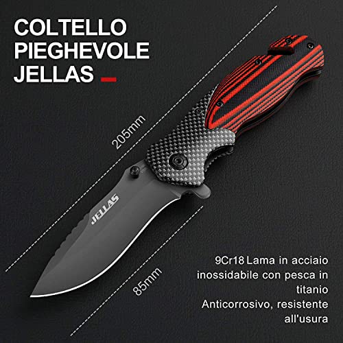 Jellas Cuchillo Plegable Supervivencia, Navaja Táctica con Punta Rompevidrio y Cutter Cinturón, 9Cr18 Acero Inoxidable con Hoja Recubierta de Titanio, Mango de Aluminio+G10, para Acampar, Picnic, Caza