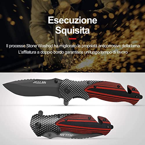 Jellas Cuchillo Plegable Supervivencia, Navaja Táctica con Punta Rompevidrio y Cutter Cinturón, 9Cr18 Acero Inoxidable con Hoja Recubierta de Titanio, Mango de Aluminio+G10, para Acampar, Picnic, Caza