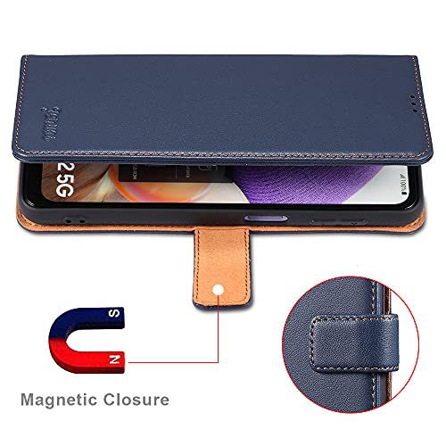 Jenuos Funda Samsung Galaxy A32 5G/M32 5G Libro, [Bloqueo RFID] Carcase de Cuero Genuino con Tapa Cierre Magnético y Ranura para Tarjeta Funda Piel para Samsung A32 5G/M32 5G- Azul(A32-PG-BE)