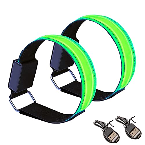 JeoPoom 2PCS Brazaletes LED Recargable USB, Luces Running Banda Reflectante, Luminosa de Seguridad Nocturna Impermeable 3 Modos para Correr, Conciertos, Festivales o Caminar de Noche(Verde)