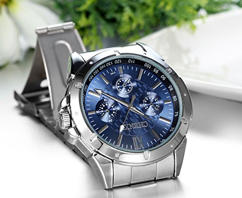 JewelryWe Reloj de Pulsera para Hombre, Reloj de Hombre, Reloj Azul con Puntero de Plata de Acero Inoxidable