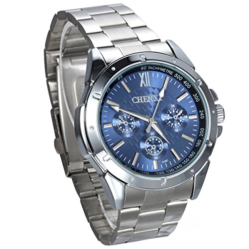 JewelryWe Reloj de Pulsera para Hombre, Reloj de Hombre, Reloj Azul con Puntero de Plata de Acero Inoxidable