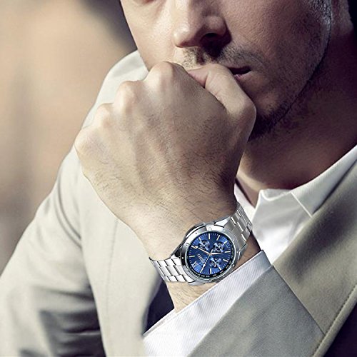 JewelryWe Reloj de Pulsera para Hombre, Reloj de Hombre, Reloj Azul con Puntero de Plata de Acero Inoxidable