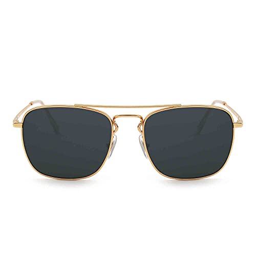 JIM HALO Gafas de Sol Retro Cuadradas Lente de Vidrio Plano Metal Anteojos Hombre Mujer(Dorado/Gris)