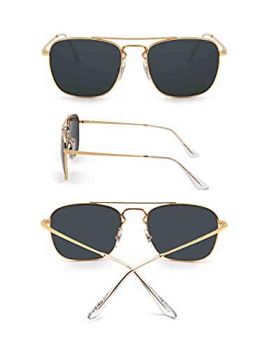 JIM HALO Gafas de Sol Retro Cuadradas Lente de Vidrio Plano Metal Anteojos Hombre Mujer(Dorado/Gris)