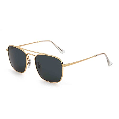 JIM HALO Gafas de Sol Retro Cuadradas Lente de Vidrio Plano Metal Anteojos Hombre Mujer(Dorado/Gris)