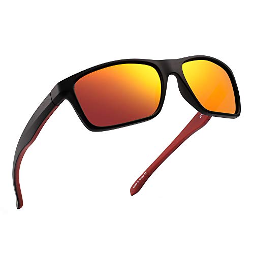 JIM HALO Polarizadas Deportivas Gafas de Sol de Espejo Wrap Alrededor Conducir Pescar Hombre Mujer(Negro/Naranja Espejo)