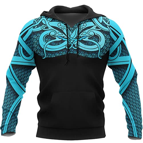 JJLLAZAD Sudadera con Capucha De Tatuaje Vikingo para Hombre, Estampado 3D Harajuku, Suéter Holgado Informal, Sudadera De Gran Tamaño, Chaqueta Informal De Calle De Otoño,Blue Hoodie,XXL