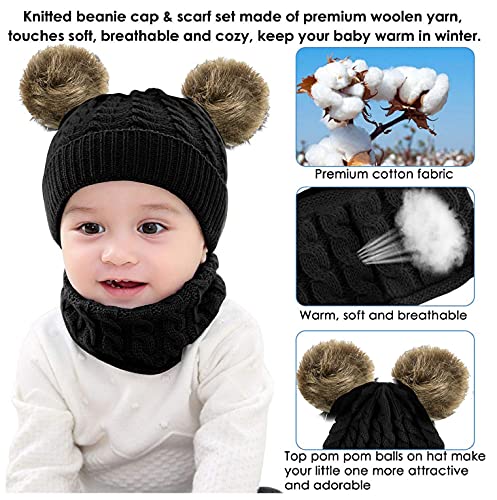 Joligiao Conjunto de Bufanda y Gorro de Punto Guantes Unisexo Niños Beanie Gorros con Pompon Medias Cuello Redondo Guantes con Estampado de Estrellas Bebés(3 piezas-Negro,talla única)