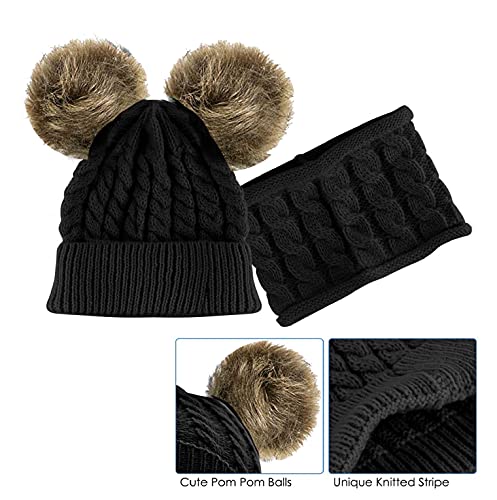 Joligiao Conjunto de Bufanda y Gorro de Punto Guantes Unisexo Niños Beanie Gorros con Pompon Medias Cuello Redondo Guantes con Estampado de Estrellas Bebés(3 piezas-Negro,talla única)