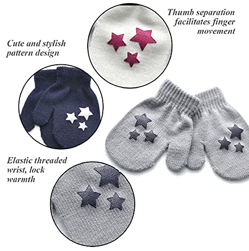 Joligiao Conjunto de Bufanda y Gorro de Punto Guantes Unisexo Niños Beanie Gorros con Pompon Medias Cuello Redondo Guantes con Estampado de Estrellas Bebés(3 piezas-Negro,talla única)