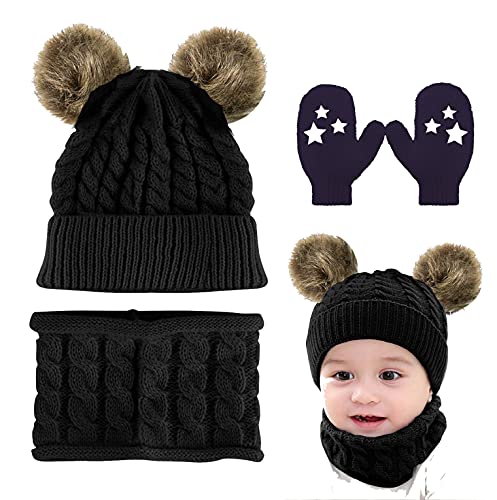 Joligiao Conjunto de Bufanda y Gorro de Punto Guantes Unisexo Niños Beanie Gorros con Pompon Medias Cuello Redondo Guantes con Estampado de Estrellas Bebés(3 piezas-Negro,talla única)