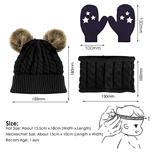 Joligiao Conjunto de Bufanda y Gorro de Punto Guantes Unisexo Niños Beanie Gorros con Pompon Medias Cuello Redondo Guantes con Estampado de Estrellas Bebés(3 piezas-Negro,talla única)