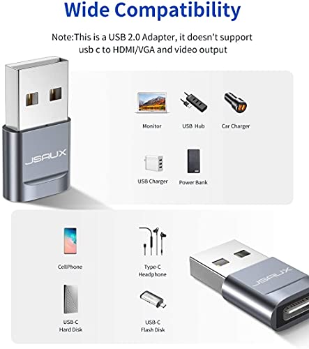 JSAUX Adaptador USB C a USB 2.0 [2Pack] USB-C Hembra a Tipo A USB Macho Adaptador Carga Rápida Compatible para iPhone 13/12/11, Samsung A70/A50/S21/S20/S10 y Otros USB C Dispositivos-Gris