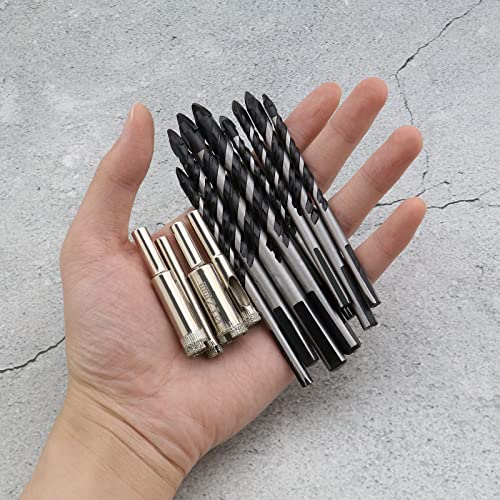 Juego de 12 brocas para azulejos de 6/8/10/12 mm, juego de brocas triangulares de aleación de giro para azulejos de cerámica Espejos de vidrio de granito de madera de plástico Mármol Concreto