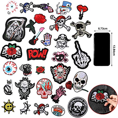 Juego de 30 Parches de Banda de Rock Punk Parche de Planchado de Bordado Patrón de Bola de Ojo Calavera para Chaquetas Halloween Sombrero Ropa Bolsas Decoración