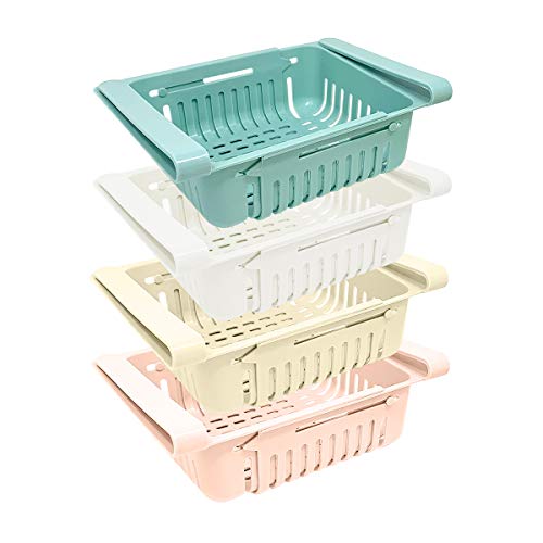 Juego de 4 organizadores nevera | Contenedores de almacenamiento de plástico para nevera | Organizador nevera retráctil (azul, blanco, rosa, beige)